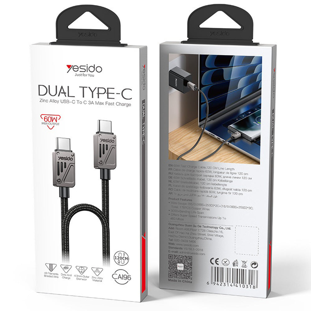 USB-C Daten- und Ladekabel - USB-C Yesido CA196, 60W, 1.2m, Schwarz