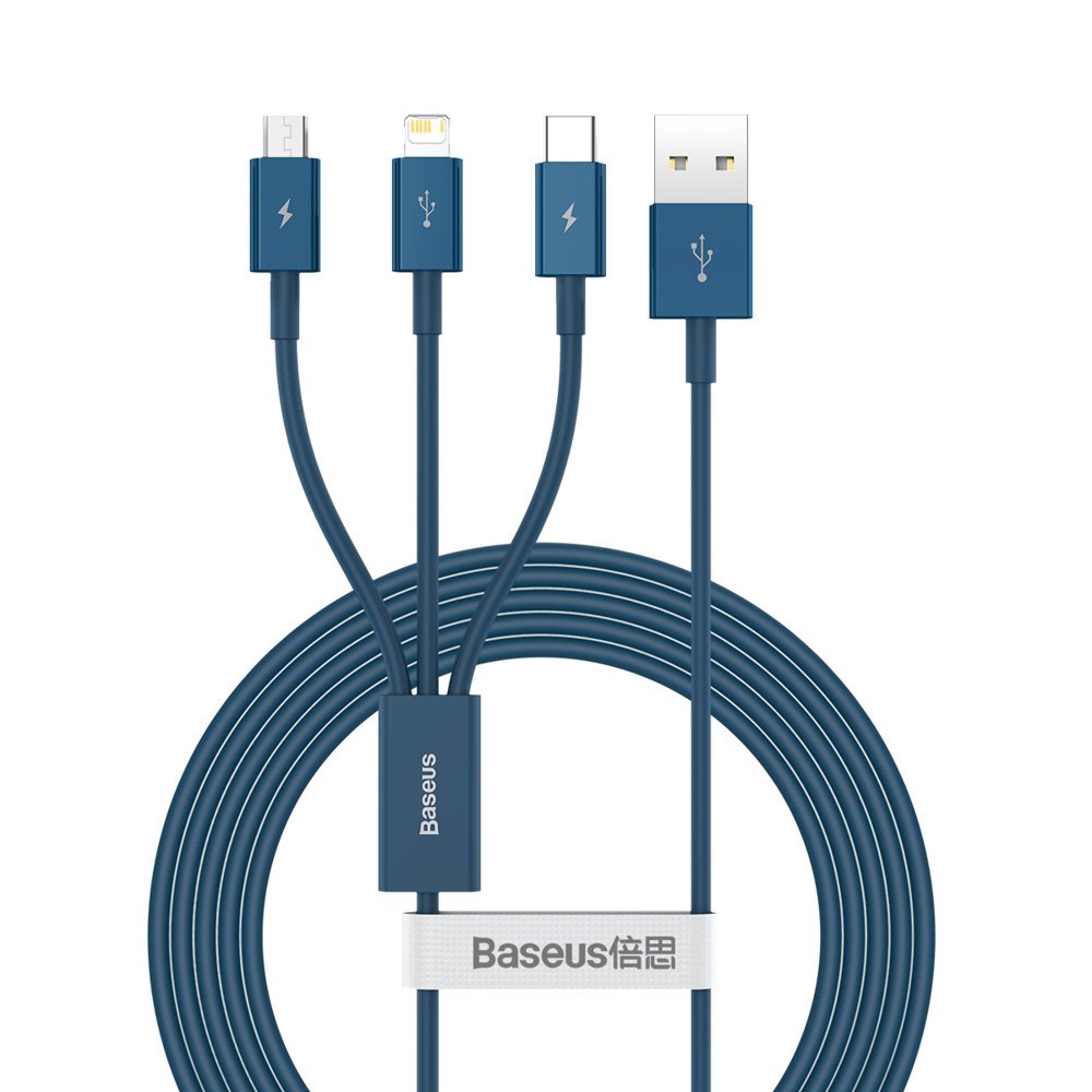 USB-A – Lightning-/Micro-USB-/USB-C-Ladekabel Baseus Superior-Serie, 20 W, 1,5 m, Blau CAMLTYS-03