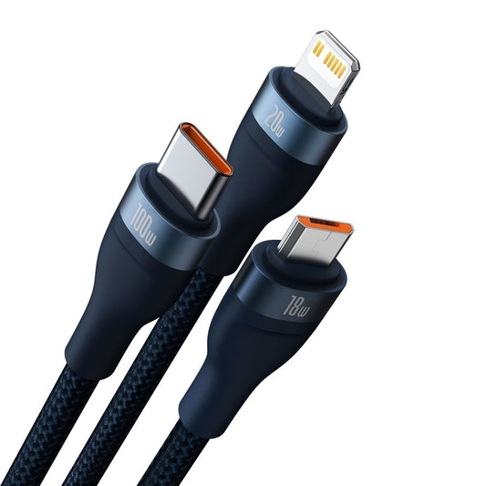 USB-C / USB-A Ladekabel - Lightning / microUSB / USB-C Baseus Flash Series II, 100W, 1,2m, Marineblau CASS030103