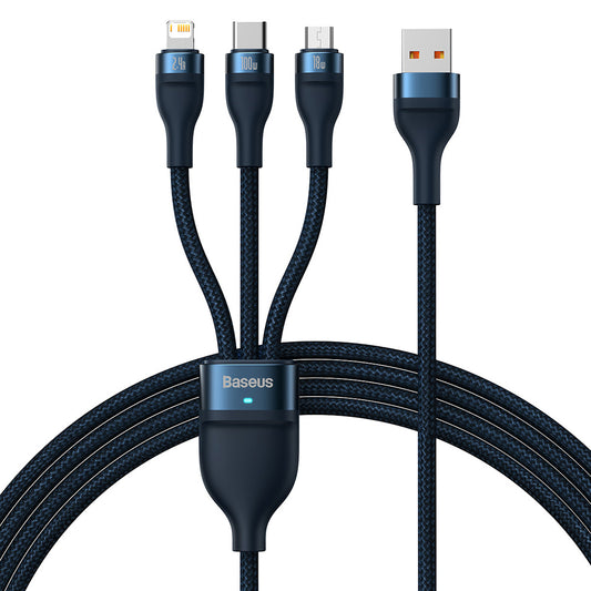 Ladekabel USB-A - Lightning / microUSB / USB-C Baseus Flash Series II 3in1, 100W, 1.2m, Blau CASS030003