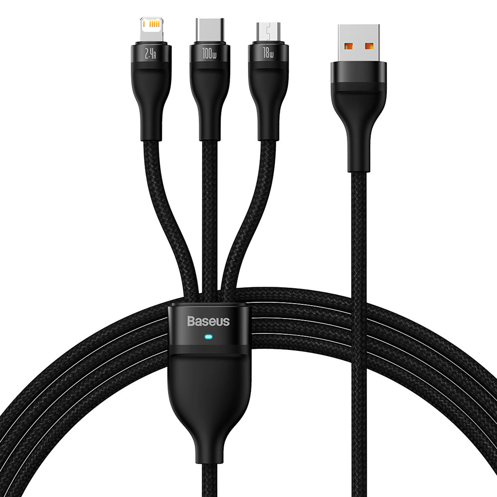 Ladekabel USB-A - Lightning / microUSB / USB-C Baseus Flash Series II 3in1, 100W, 1.2m, Schwarz CASS030001