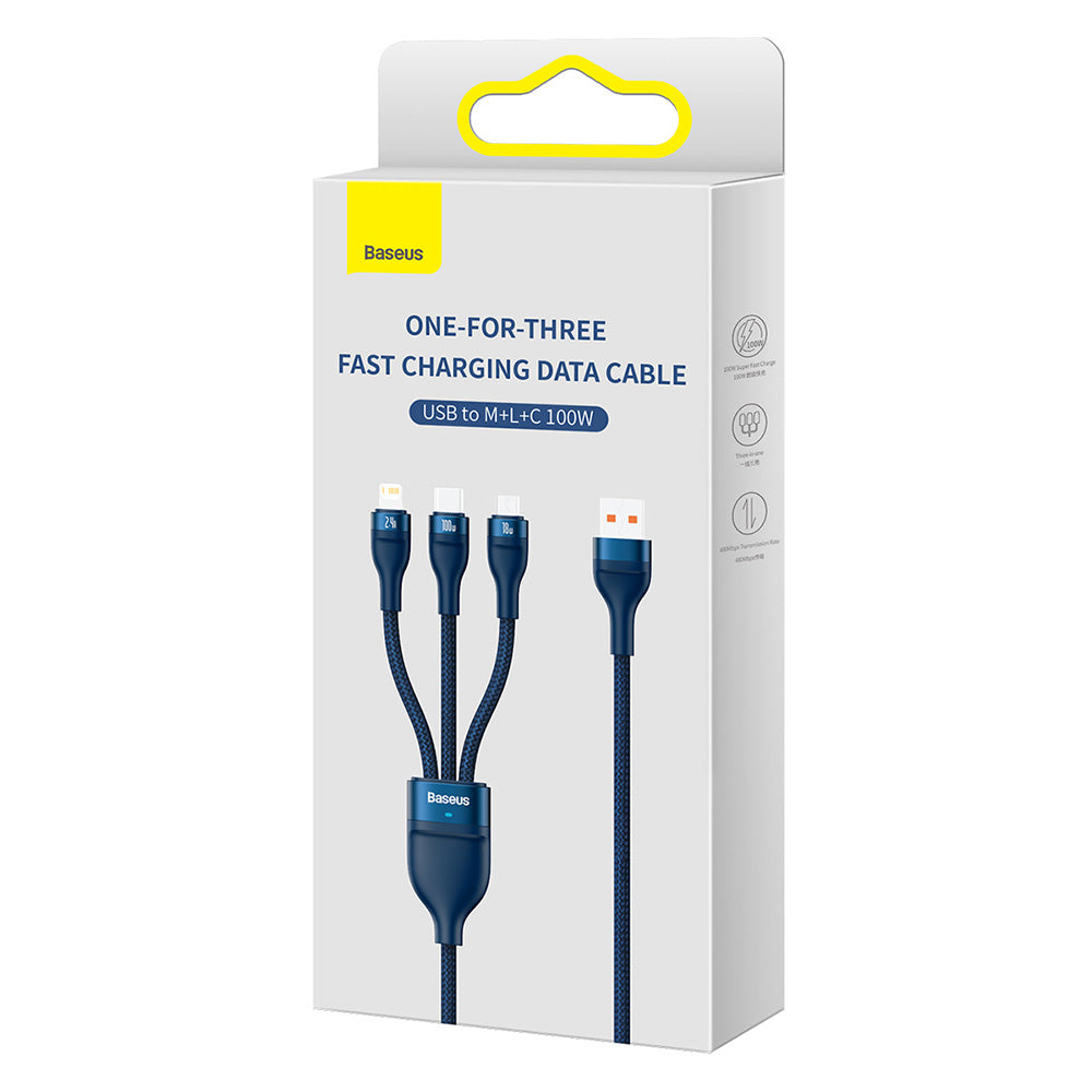 USB-A Charging Cable - Lightning / microUSB / USB-C Baseus Flash Series II 3in1, 100W, 1.2m, Blue CASS030003