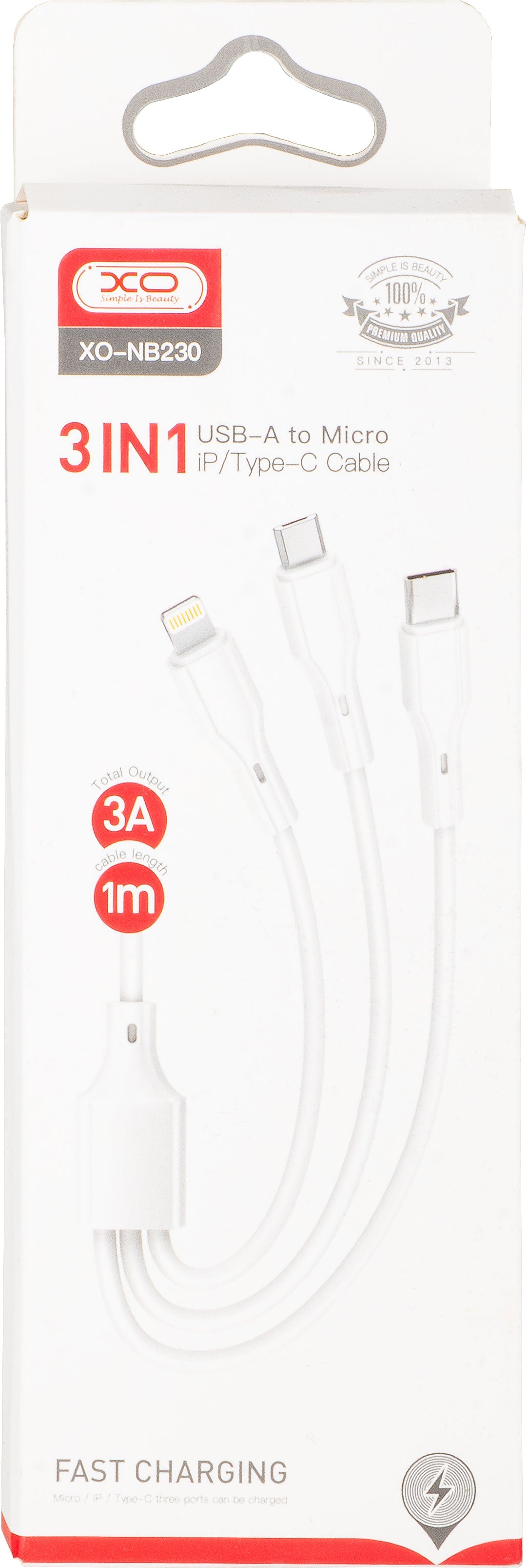 USB-A Charging Cable - Lightning / microUSB / USB-C XO Design NB230 3in1, 20W, 1m, White