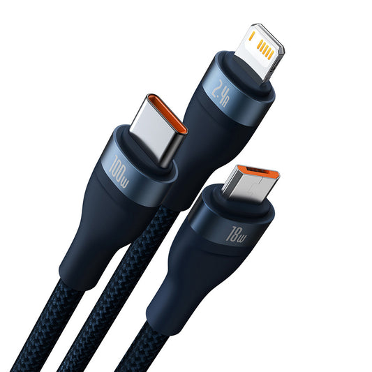 Ladekabel USB-A - Lightning / microUSB / USB-C Baseus Flash Series II 3in1, 100W, 1.2m, Blau CASS030003