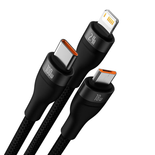 Ladekabel USB-A - Lightning / microUSB / USB-C Baseus Flash Series II 3in1, 100W, 1.2m, Schwarz CASS030001