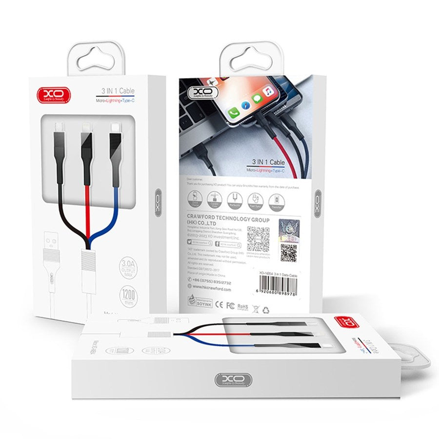 Ladekabel USB-A - Lightning / microUSB / USB-C XO Design NB54, 18W, 1,2m, Mehrfarbig