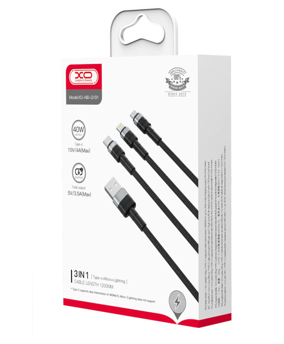 Ladekabel USB-A - Lightning / microUSB / USB-C XO Design NB-Q191 3in1, 66W, 1.2m, Schwarz