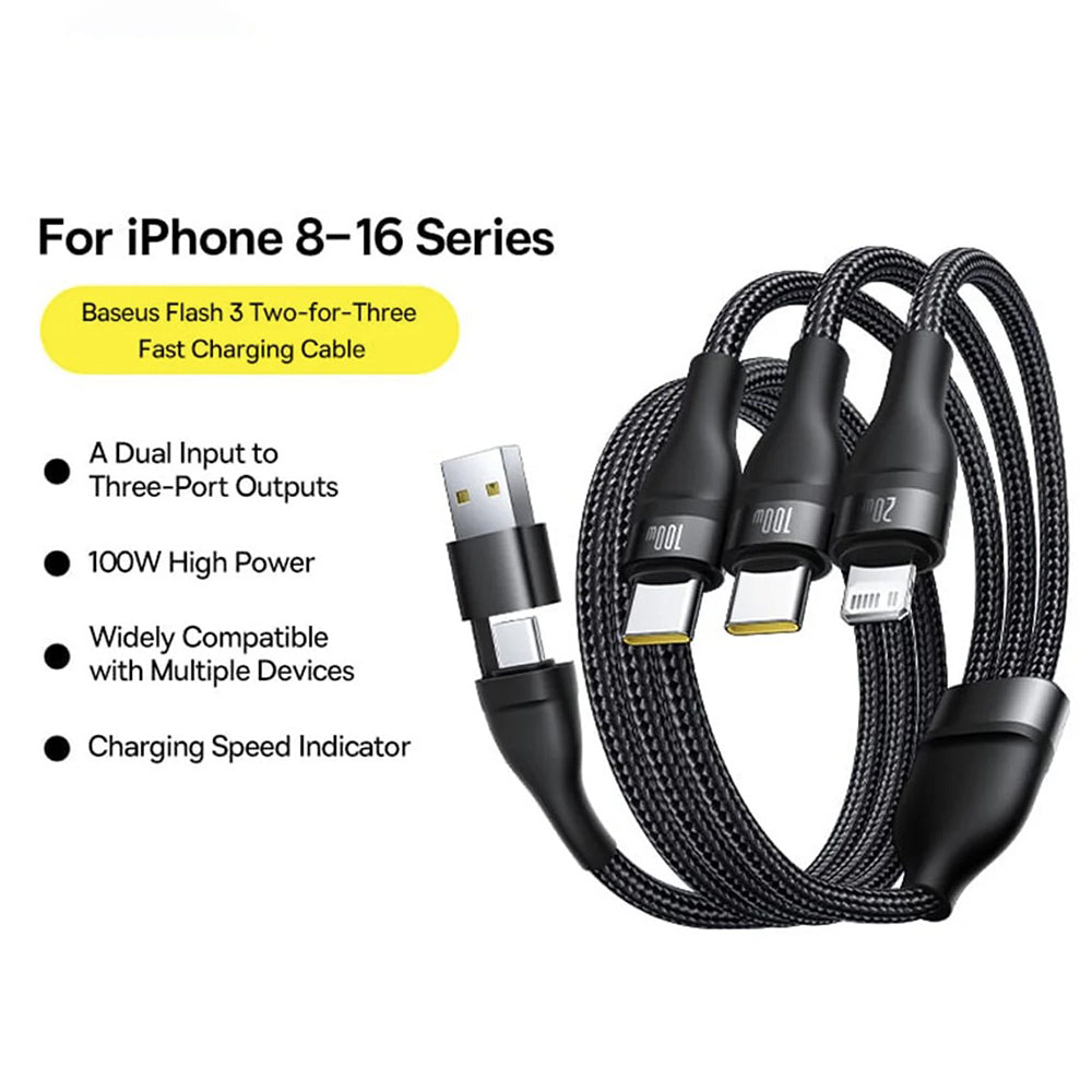 Ladekabel USB-A / USB-C - Lightning / 2 x USB-C Baseus Flash Series III 3in1, 100W, 1,5m, Schwarz P10377800U01-00