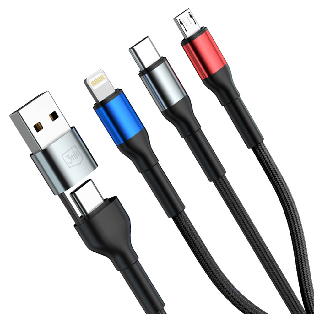 USB-A / USB-C Ladekabel - Lightning / microUSB / USB-C 3MK Hyper N, 18W, 1.2m, Schwarz