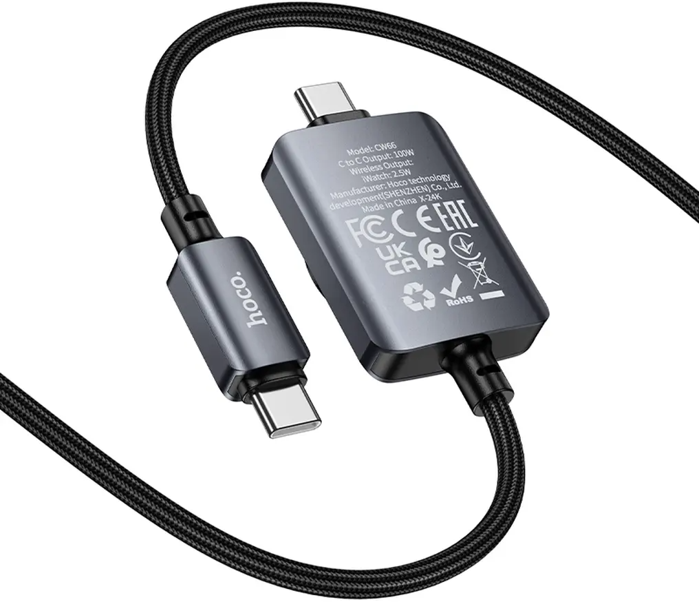 USB-C Ladekabel - USB-C HOCO CW66 2in1, 100W, 1,2m, Schwarz