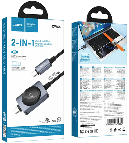 USB-C Ladekabel - USB-C HOCO CW66 2in1, 100W, 1,2m, Schwarz