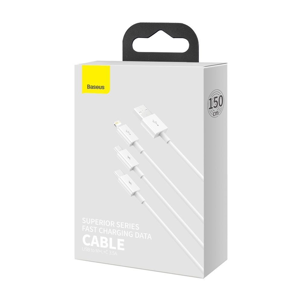 USB-A - Lightning / microUSB / USB-C Charging Cable Baseus Superior Series, 20W, 1.2m, White CAMLTYS-02