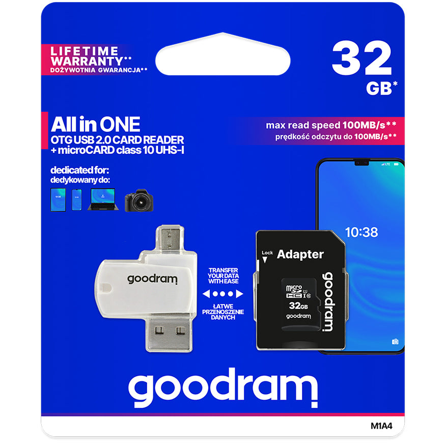 microSDHC Speicherkarte GoodRam, 32GB, Klasse 10 / UHS-1 U1, mit Kartenleser und Adapter M1A4-0320R12
