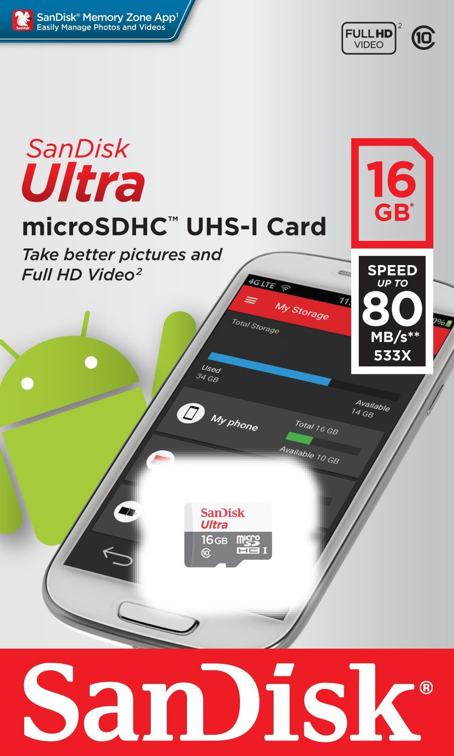 SanDisk Ultra microSDHC Speicherkarte, 16Gb, Klasse 10 SDSQUNS-016G-GN3MN