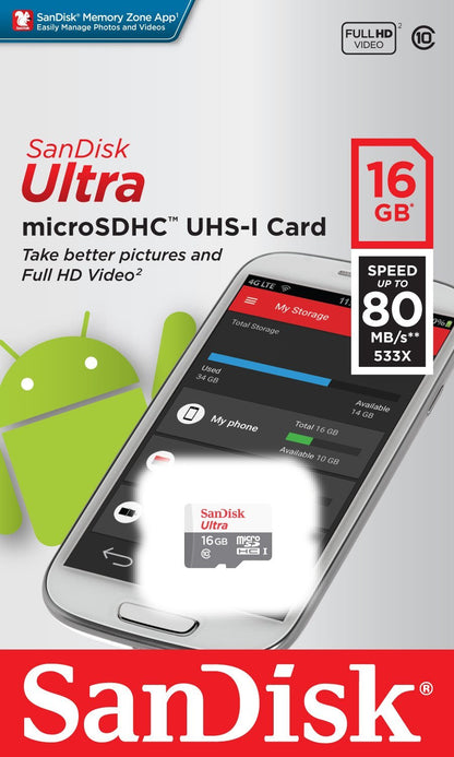 SanDisk Ultra microSDHC Speicherkarte, 16Gb, Klasse 10 SDSQUNS-016G-GN3MN