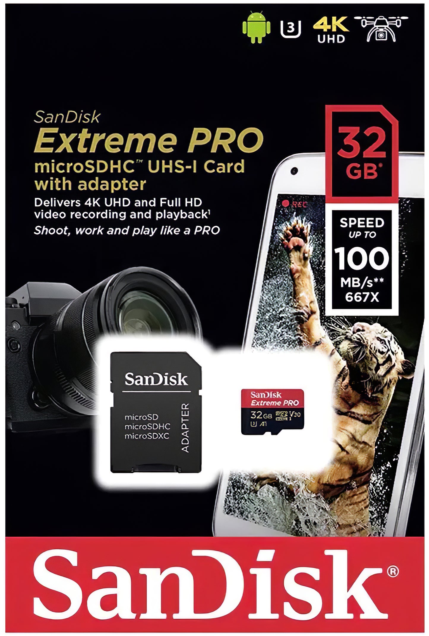 Speicherkarte microSDHC SanDisk Extreme Pro, 32Gb, Klasse 10 / UHS-1 U3, mit Adapter SDSQXCG-032G-GN6MA