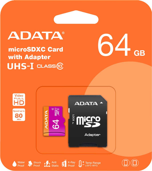 Adata microSDXC-Speicherkarte, 64 GB, Klasse 10 / UHS-1 U1, mit Adapter AUSDX64GUICL10-RA1