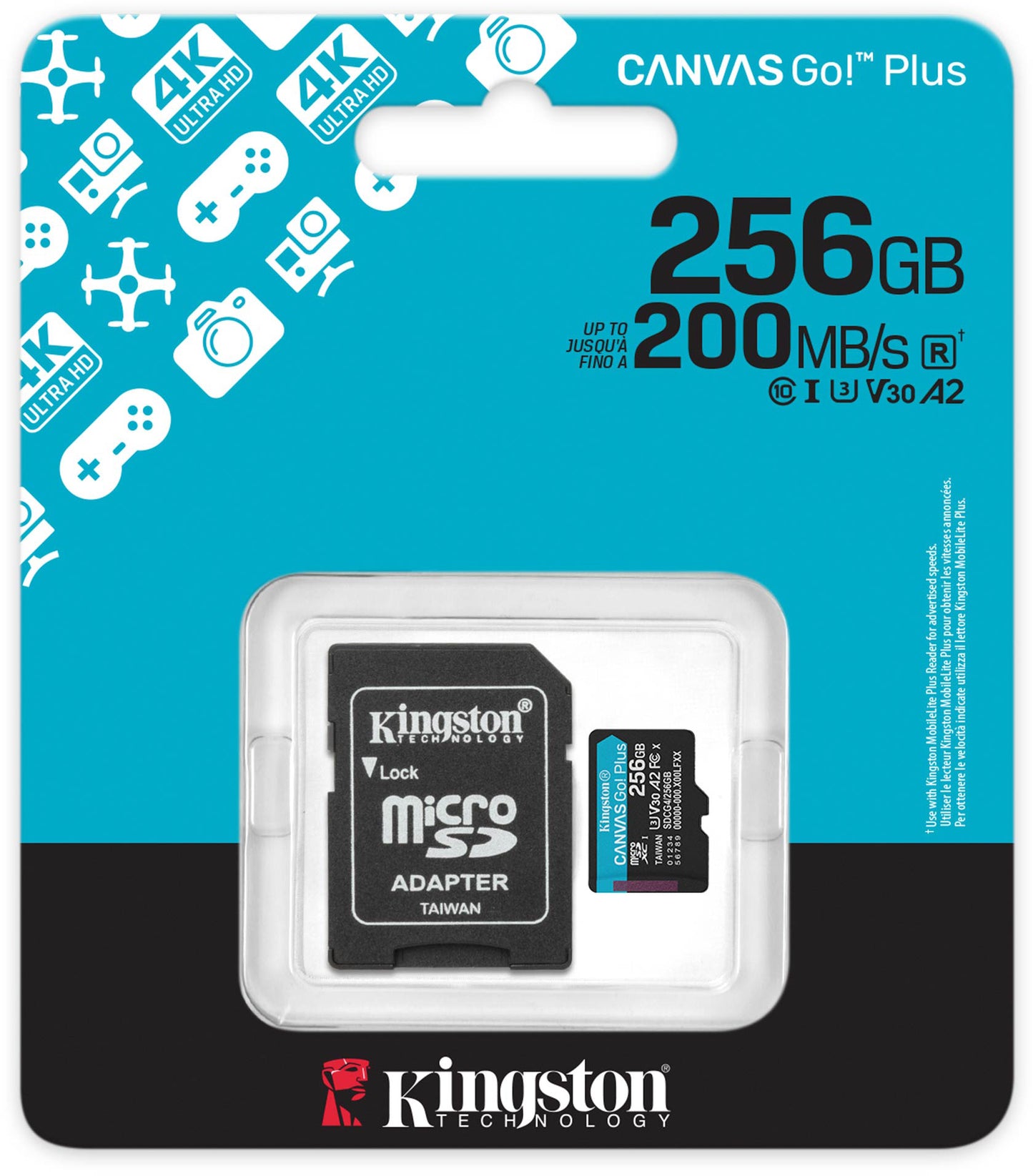 Kingston Canvas Go Plus Android A2 microSDXC Speicherkarte, 256Gb, Klasse 10 / UHS-1 U3, mit Adapter SDCG4/256GB