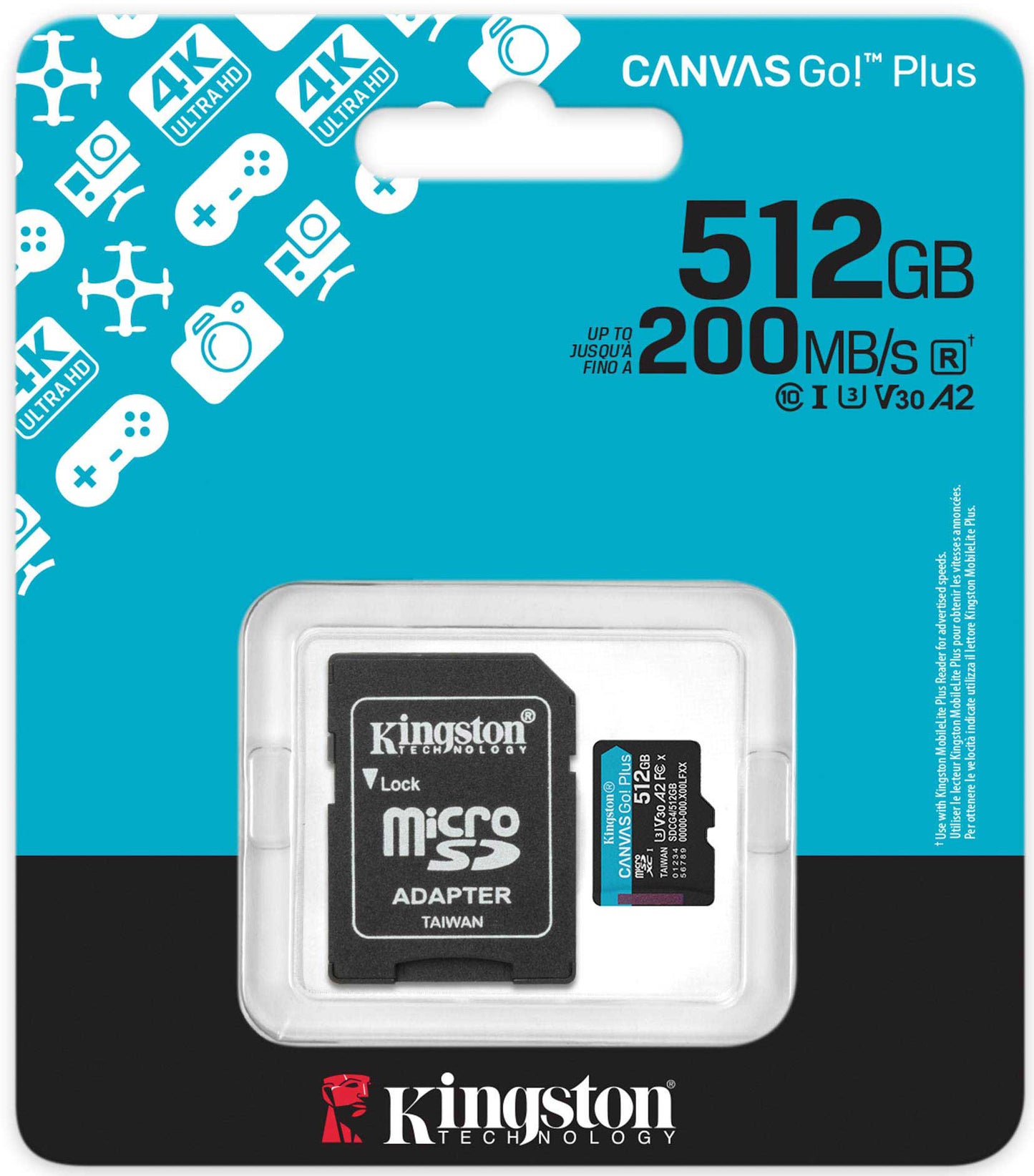 Kingston Canvas Go Plus Android A2 microSDXC Speicherkarte, 512Gb, Klasse 10 / UHS-1 U3, mit Adapter SDCG4/512GB
