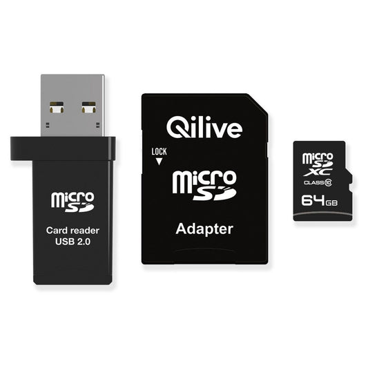 Speicherkarte microSDXC Qilive, 64Gb, Klasse 10, mit Kartenleser und Adapter EKMSDM64GXC10QL