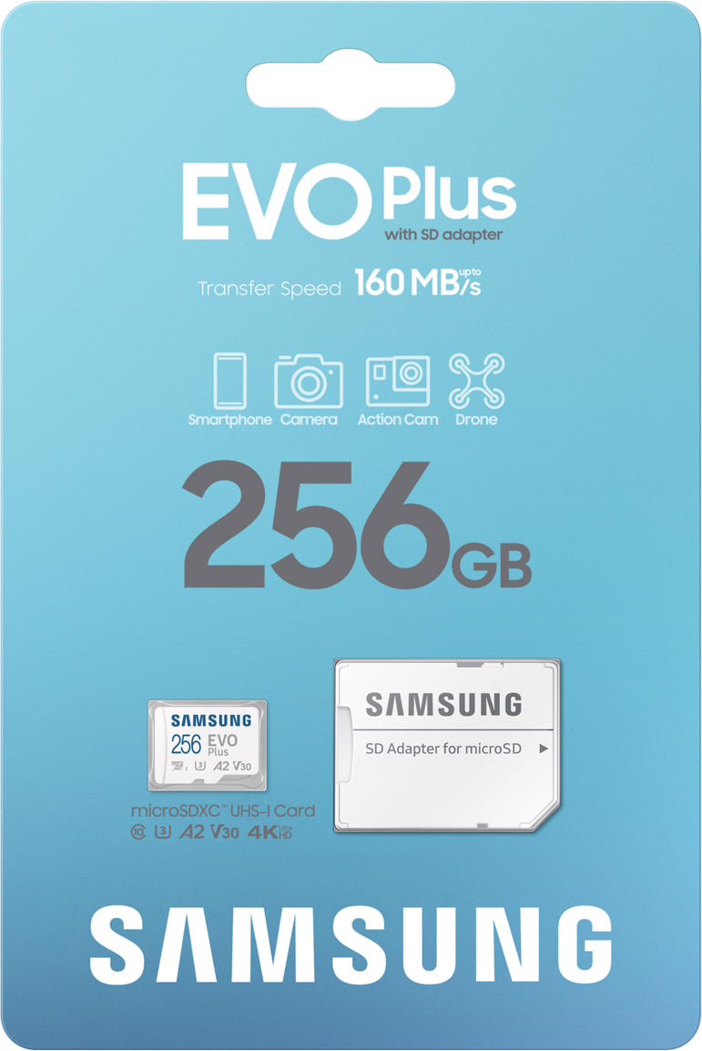 Samsung Evo Plus microSDXC-Speicherkarte, 256 GB, Klasse 10 / UHS-1 U3, mit Adapter MB-MC256SA/EU