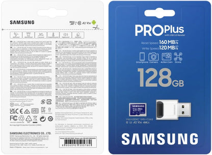 Samsung PRO Plus microSDXC Speicherkarte, 128Gb, Klasse 10 / UHS-1 U3, mit Kartenleser und Adapter MB-MD128KB/WW