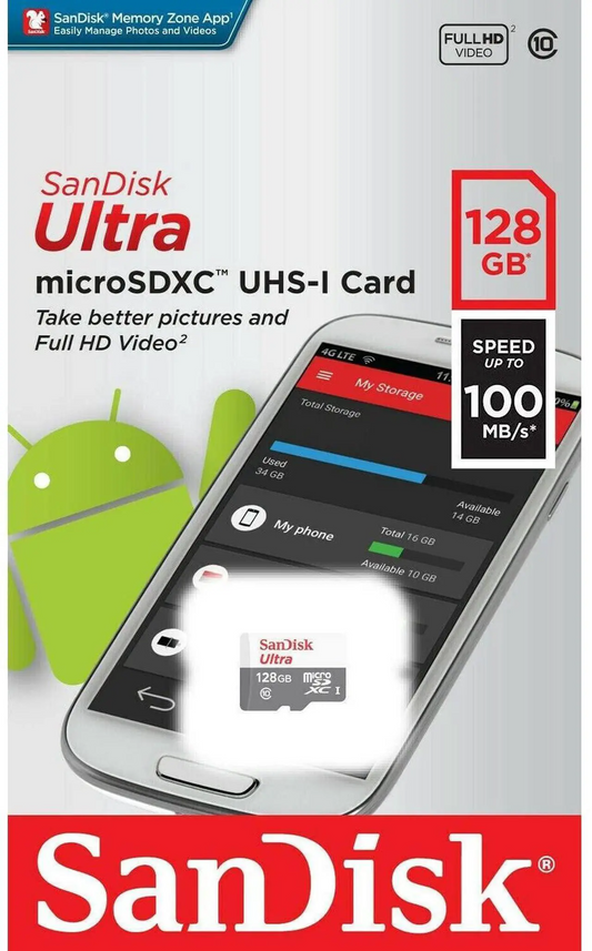 SanDisk Ultra microSDXC Speicherkarte, 128Gb, Klasse 10 SDSQUNR-128G-GN3MN
