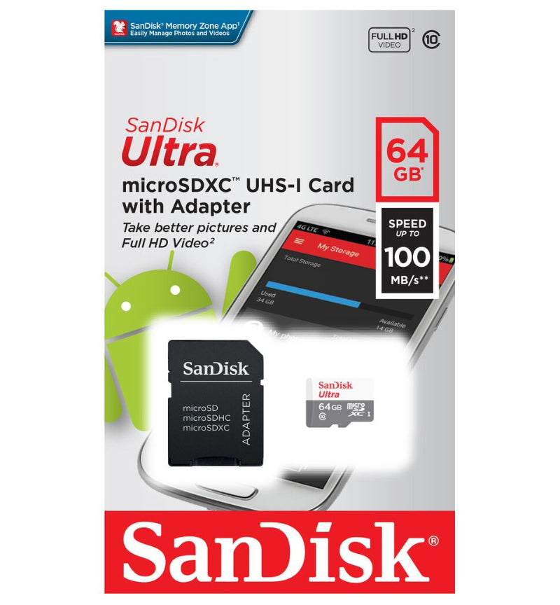 SanDisk Ultra microSDXC Speicherkarte, 64Gb, Klasse 10, mit Adapter SDSQUNR-064G-GN6TA