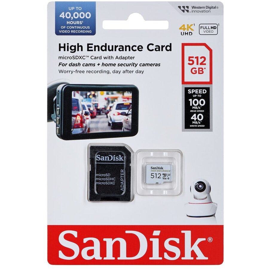 SanDisk High Endurance microSDXC Speicherkarte, 512Gb, Klasse 10 / UHS-1 U3, mit Adapter SDSQQNR-512G-GN6IA