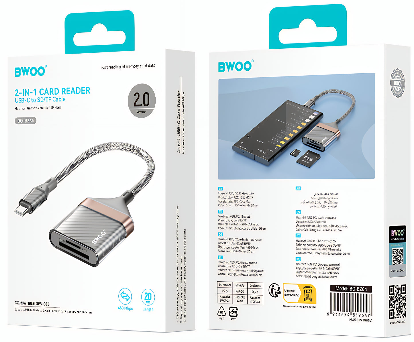 USB-C Kartenleser BWOO BZ64, SD - microSD, Grau