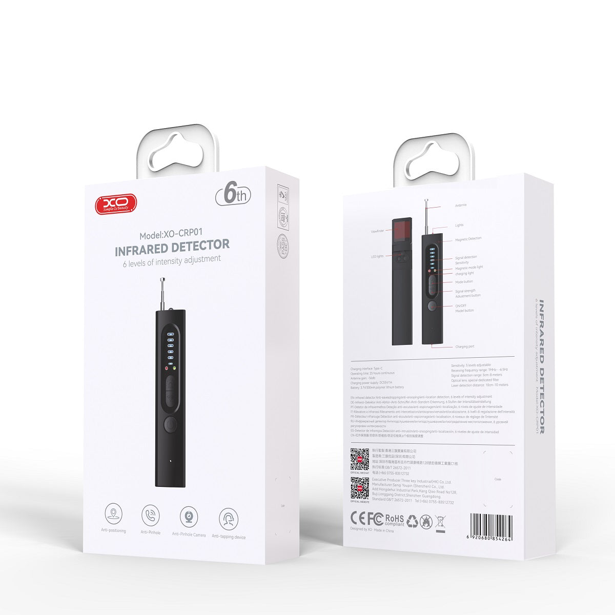 IR-Detektor für GSM-Geräte / versteckte Mikrofone / GPS-Tracker XO Design CRP01, Schwarz