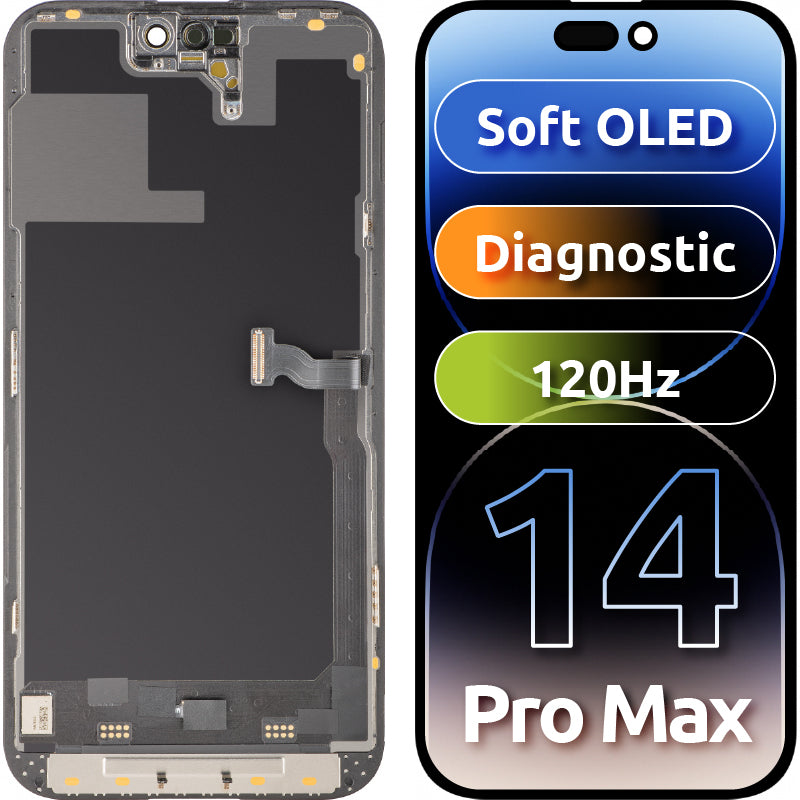 Display mit MP Touchscreen kompatibel mit Apple iPhone 14 Pro, mit Rahmen, Soft OLED 120Hz FHD Diagnostic Version, Schwarz, Swap