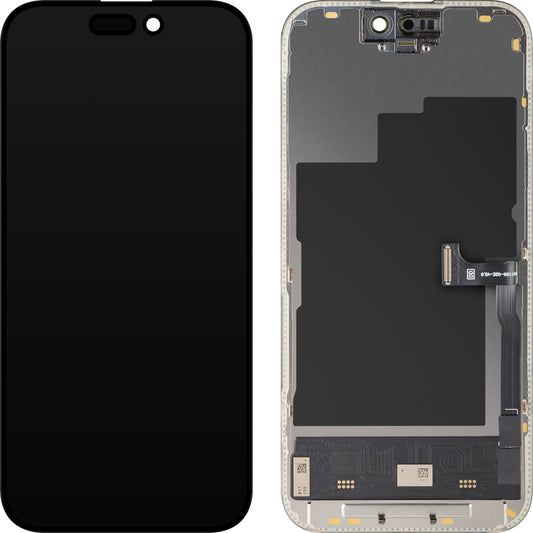 Display mit Touchscreen MP kompatibel mit Apple iPhone 15 Pro, mit Rahmen, Soft OLED FHD 120Hz Diagnoseversion, Schwarz