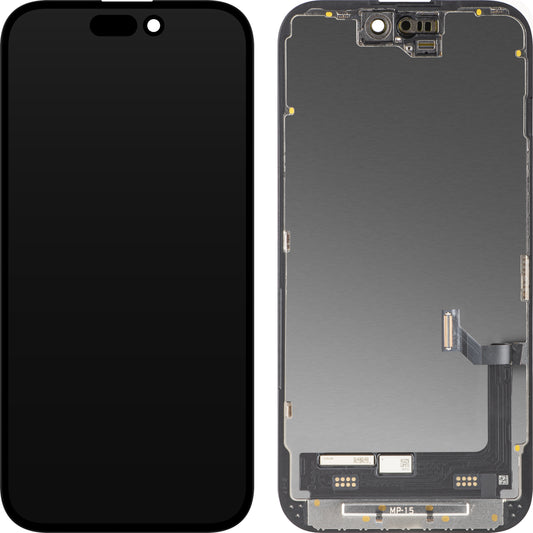 MP Touchscreen-Display kompatibel mit Apple iPhone 15, mit Rahmen, Premium Soft OLED FHD 120Hz Diagnostic Version, Schwarz