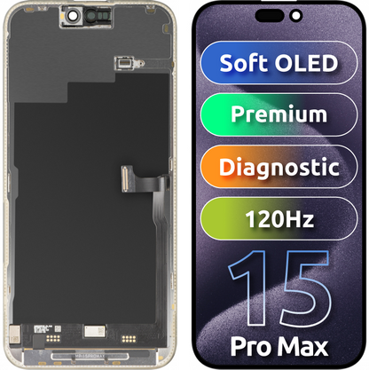 MP Touchscreen-Display kompatibel mit Apple iPhone 15 Pro Max, mit Rahmen, Premium Soft OLED FHD 120Hz Diagnostik Version, Schwarz, Wiederaufbereitet