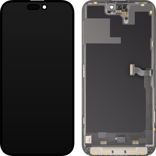Display mit MP Touchscreen kompatibel mit Apple iPhone 14 Pro, mit Rahmen, Soft OLED 120Hz FHD Diagnostic Version, Schwarz, Swap