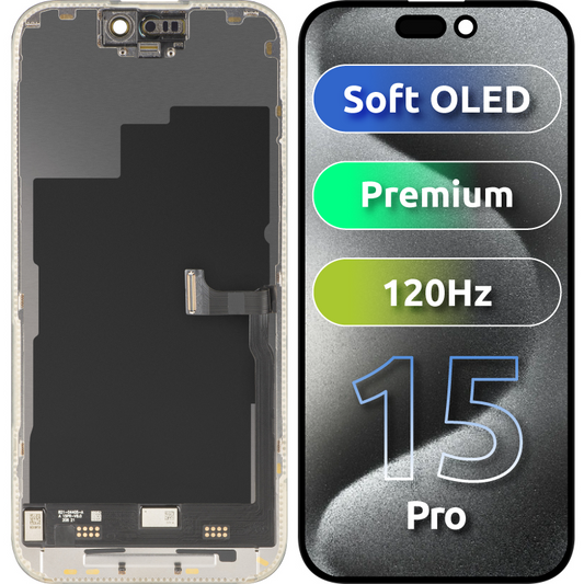MP Touchscreen-Display kompatibel mit Apple iPhone 15 Pro, mit Rahmen, Premium Soft OLED FHD 120Hz Version, Schwarz