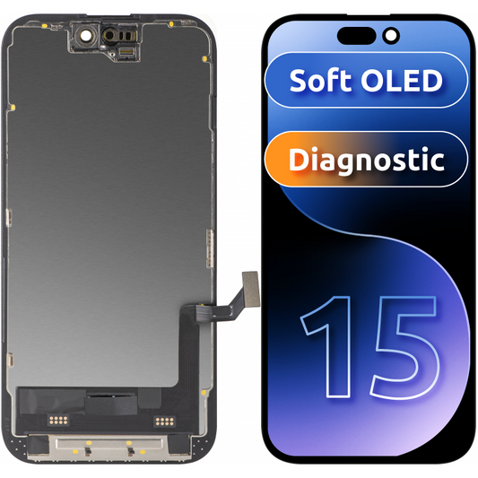 Display mit Touchscreen MP kompatibel mit Apple iPhone 15, mit Rahmen, Soft OLED FHD Diagnoseversion, Schwarz
