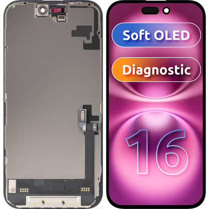 Display mit MP Touchscreen kompatibel mit Apple iPhone 16, mit Rahmen, Soft OLED FHD Diagnostic Version, Schwarz