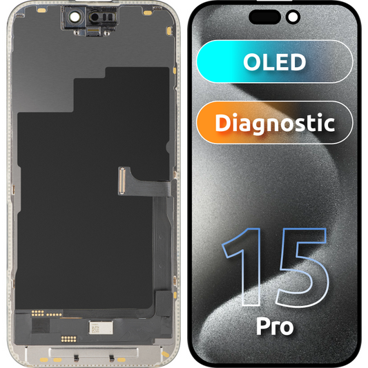Display mit MP Touchscreen kompatibel mit Apple iPhone 15 Pro, mit Rahmen, OLED FHD Diagnostic Version, Schwarz