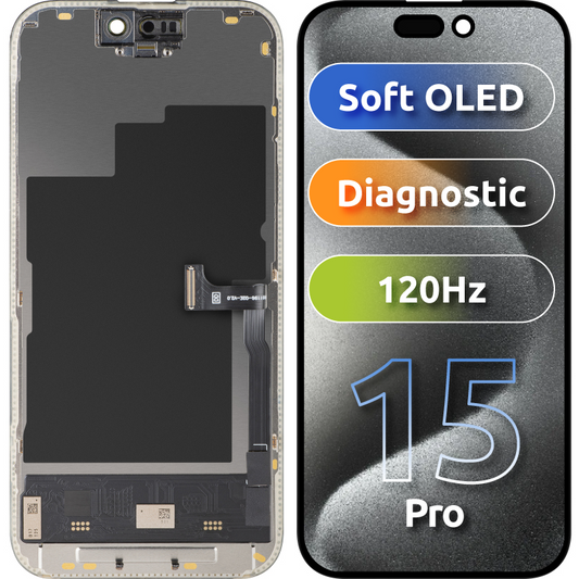 Display mit Touchscreen MP kompatibel mit Apple iPhone 15 Pro, mit Rahmen, Soft OLED FHD 120Hz Diagnoseversion, Schwarz