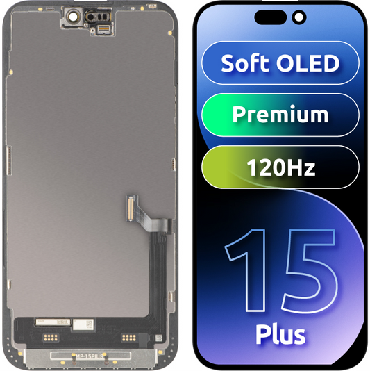 MP Touchscreen-Display kompatibel mit Apple iPhone 15 Plus, mit Rahmen, Premium Soft OLED FHD 120Hz Version, Schwarz