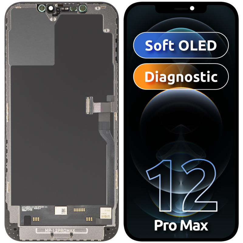 MP Touchscreen-Display kompatibel mit Apple iPhone 12 Pro Max, mit Rahmen, Soft-Version OLED FHD Diagnostic, Schwarz