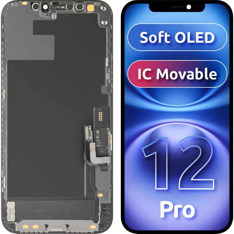 Display mit MP Touchscreen kompatibel mit Apple iPhone 12 / 12 Pro, mit Rahmen, Soft OLED IC Movable FHD Version, Schwarz