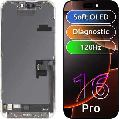 MP Touchscreen-Display kompatibel mit Apple iPhone 16 Pro, mit Rahmen, Soft-Version OLED FHD 120Hz Diagnostik, Schwarz