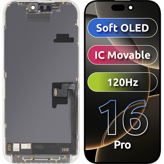 Display mit MP Touchscreen kompatibel mit Apple iPhone 16 Pro, mit Rahmen, Soft OLED FHD 120Hz IC Movable, Schwarz