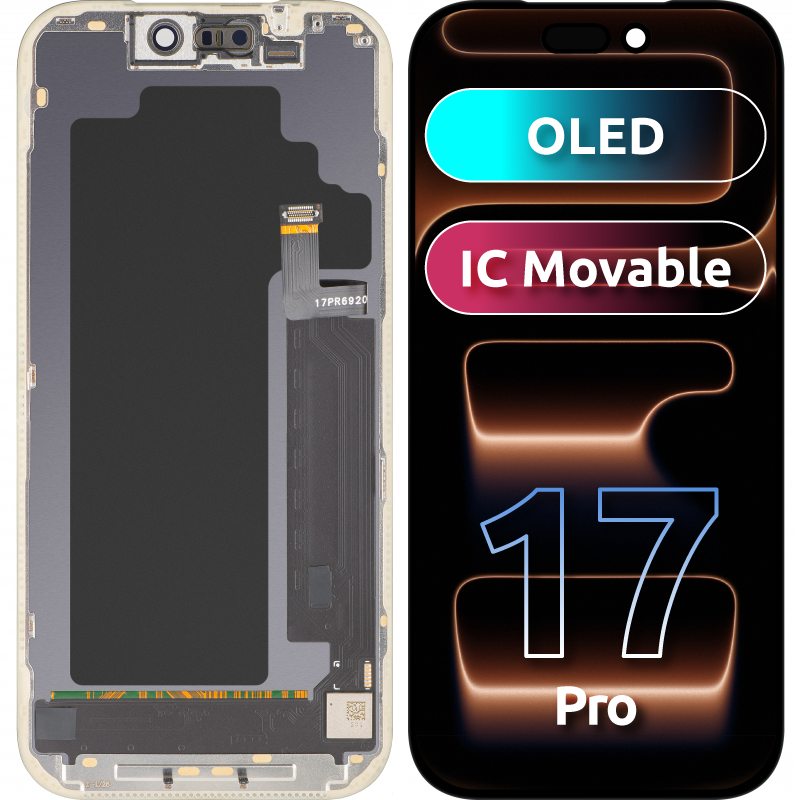 MP Touchscreen-Display kompatibel mit Apple iPhone 17 Pro, mit Rahmen, OLED FHD IC Movable Version, Schwarz