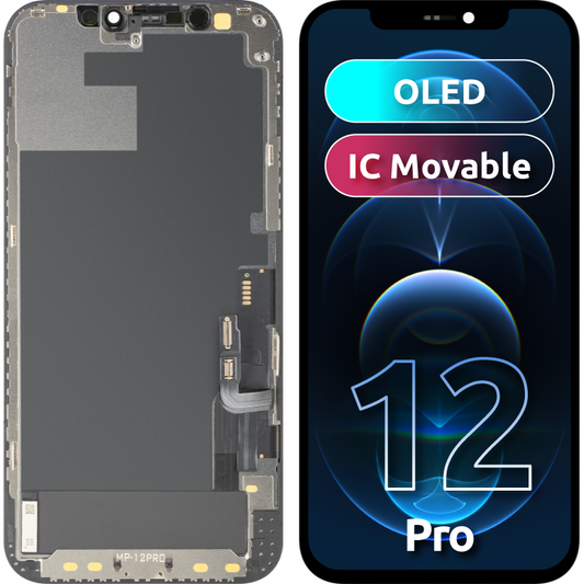 MP Touchscreen-Display kompatibel mit Apple iPhone 12 / 12 Pro, mit Rahmen, OLED FHD IC Movable Version, Schwarz
