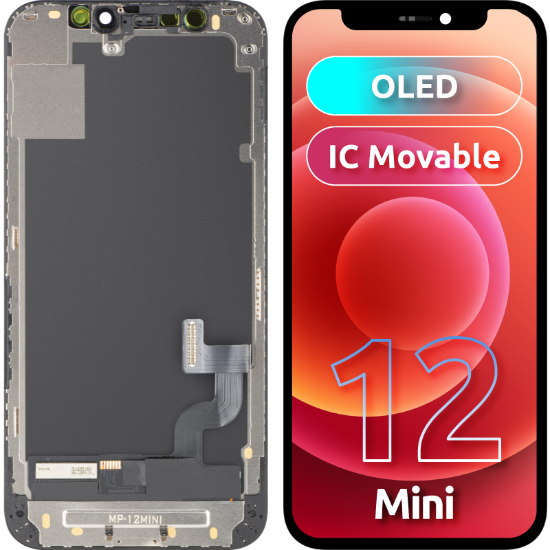 MP Touchscreen Display compatible with Apple iPhone 12 mini, with Frame, OLED FHD IC Movable Version, Black