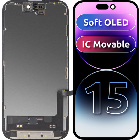 MP Touchscreen Display compatible with Apple iPhone 15, with Frame, Soft OLED FHD Movable IC Version, Black